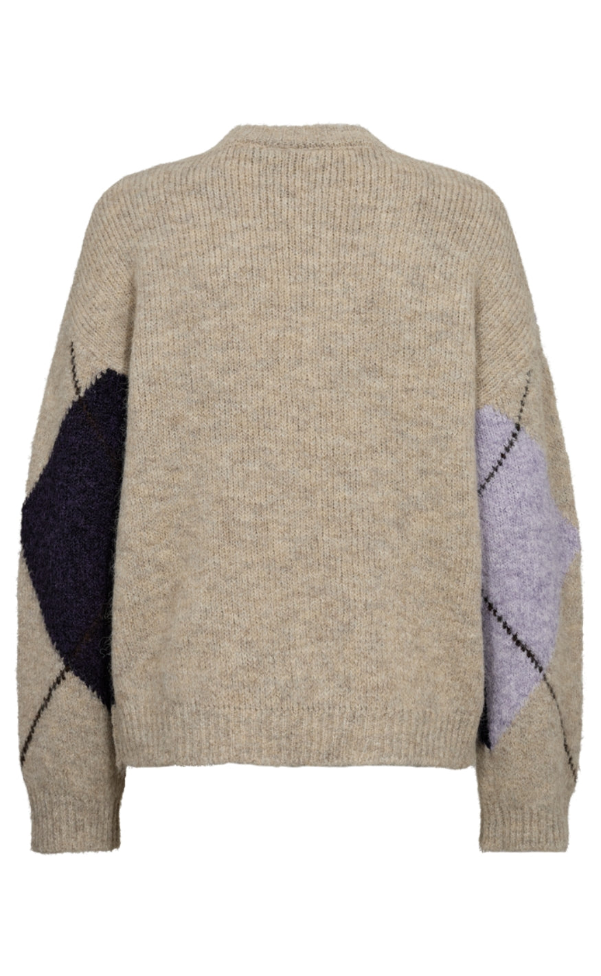 Freequent Genser - Grslulu Argyle - Oyster Grey Mel w. Iris Mel.